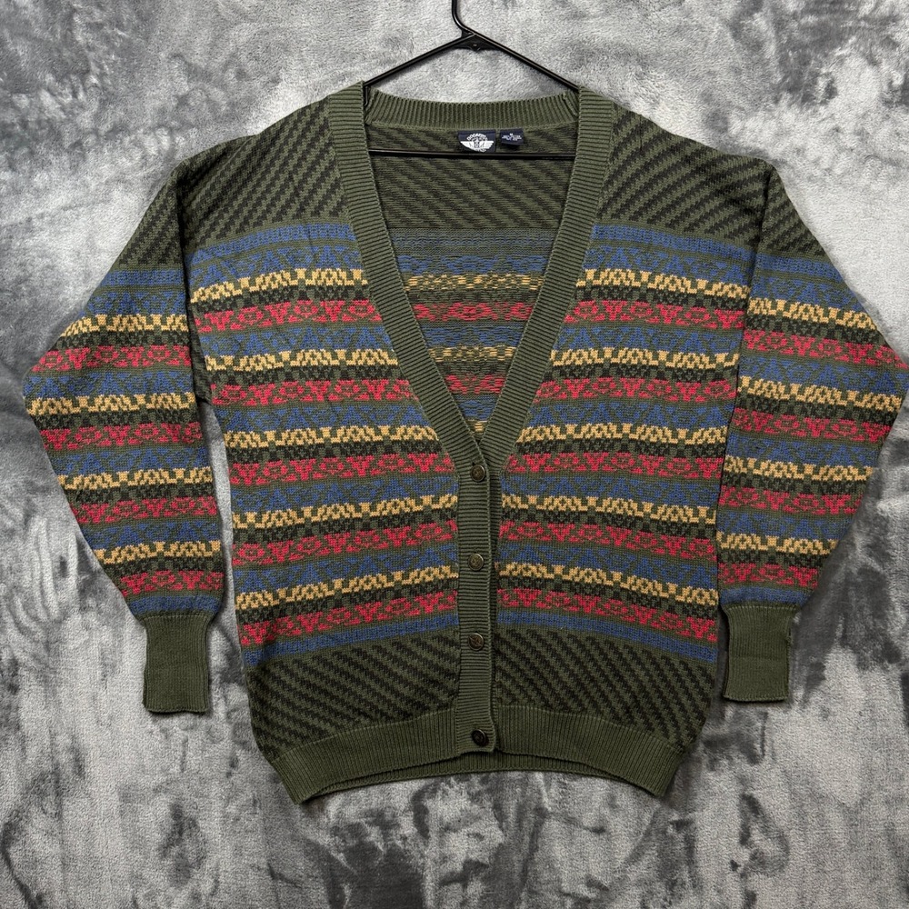 Dockers Cardigan Sweater Mens M Green Excellent Vintage Fair Isle Geometric Knit